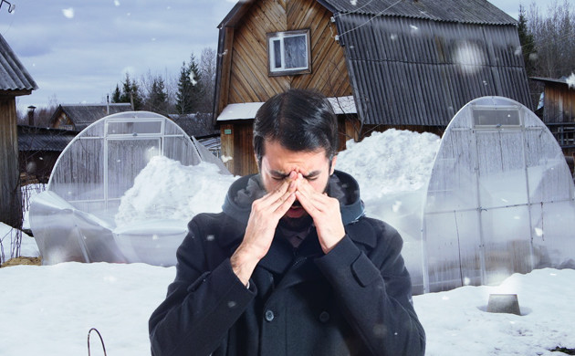 Сломанная снегом теплица Заваленная снегом теплица