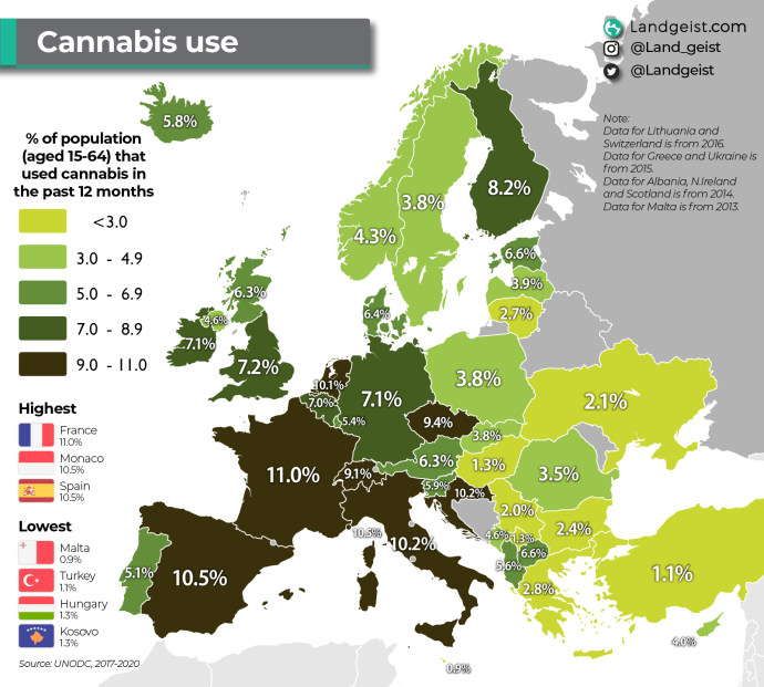 Потребление каннабиса в Европе Europe cannabis use
