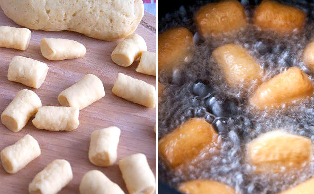 Нарезать тесто и жарить в масле