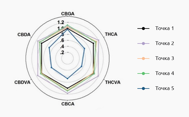 Точки отбора проб соцветий на растении Диаграмма концентраций шести каннабиноидов